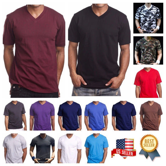 Mens T-Shirt S-5XL HEAVY Weight V-NECK Camo Plain Solid Cotton Big Size Tees