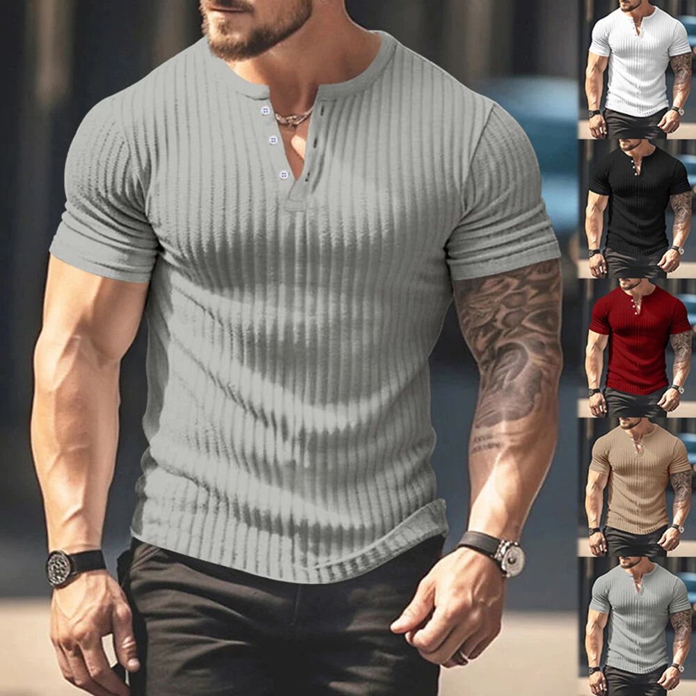 Mens Casual Short Sleeve Ribbed T-shirt Solid Color Slim Fit Stretch Muscle Top