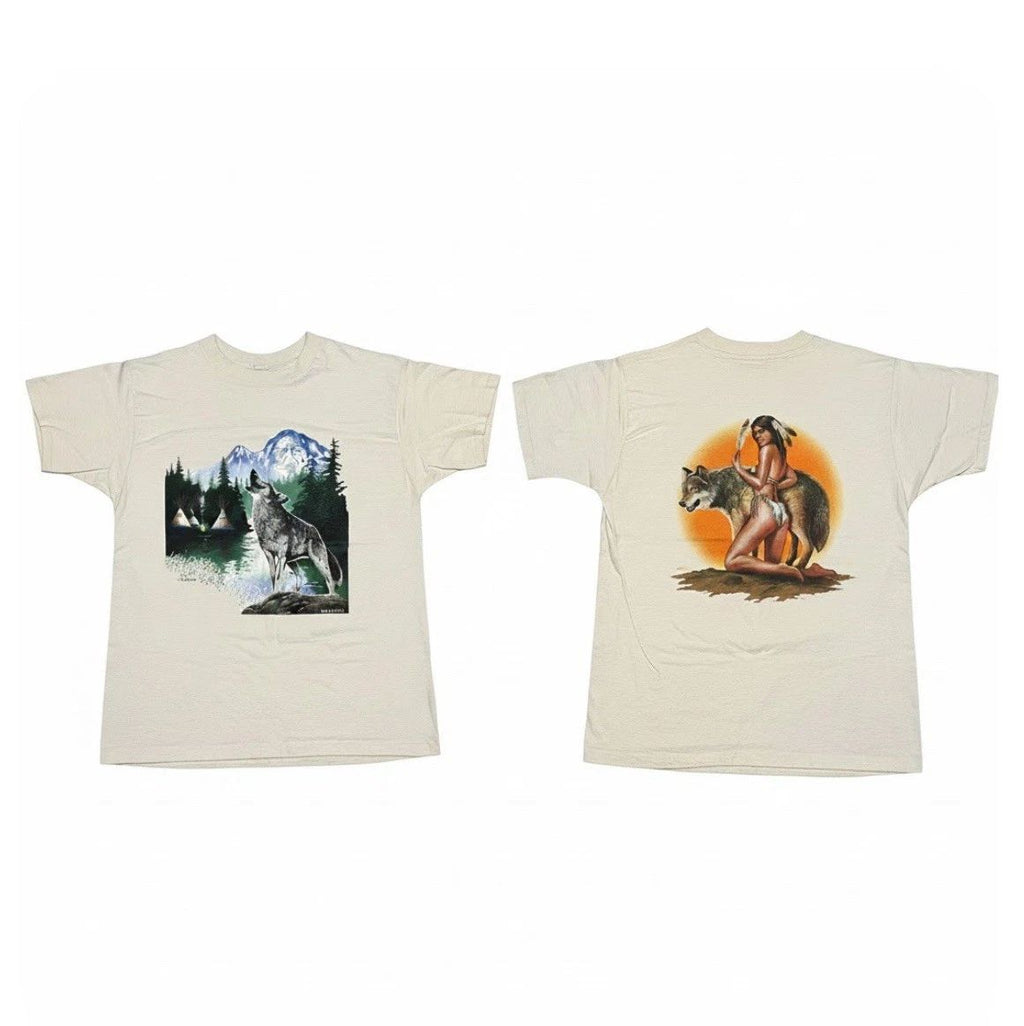 Vtg Wildside Native American Indian Wolf Graphic T-Shirt L Double Sided 90s Y2K