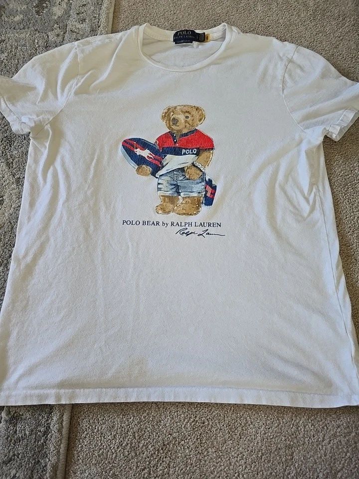 Ralph Lauren Shirt Mens L  White Beach Bear Surf T Tee Short Sleeve