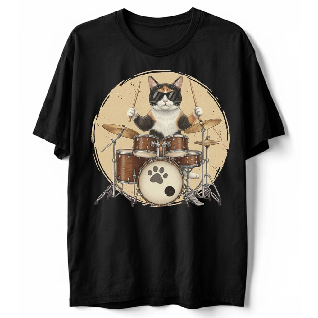 Cool Calico Cat Playing Drums T-Shirt Funny Drummer Musician Pet Lover Gift Tee