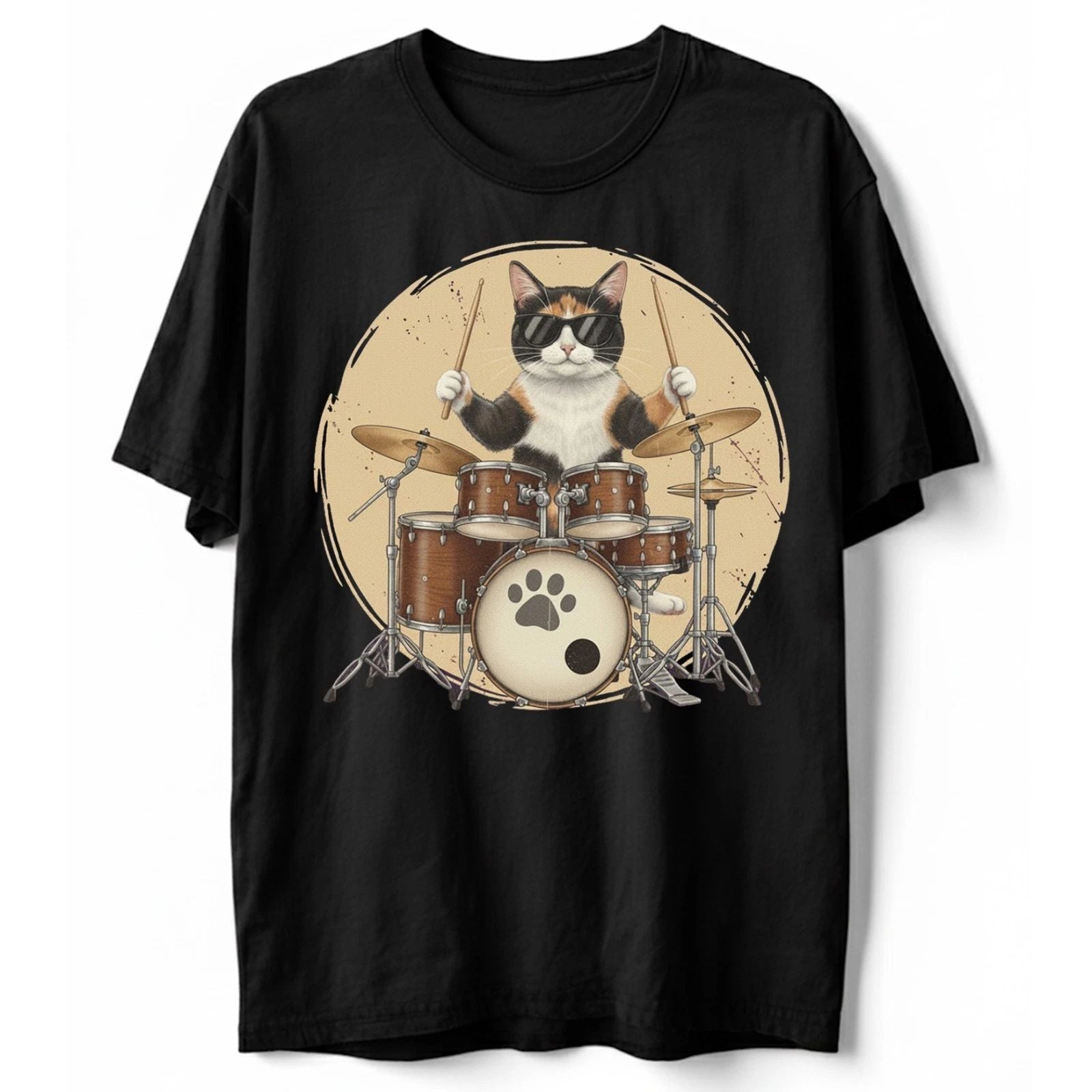 Cool Calico Cat Playing Drums T-Shirt Funny Drummer Musician Pet Lover Gift Tee