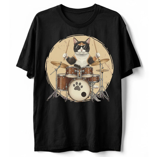 Cool Calico Cat Playing Drums T-Shirt Funny Drummer Musician Pet Lover Gift Tee