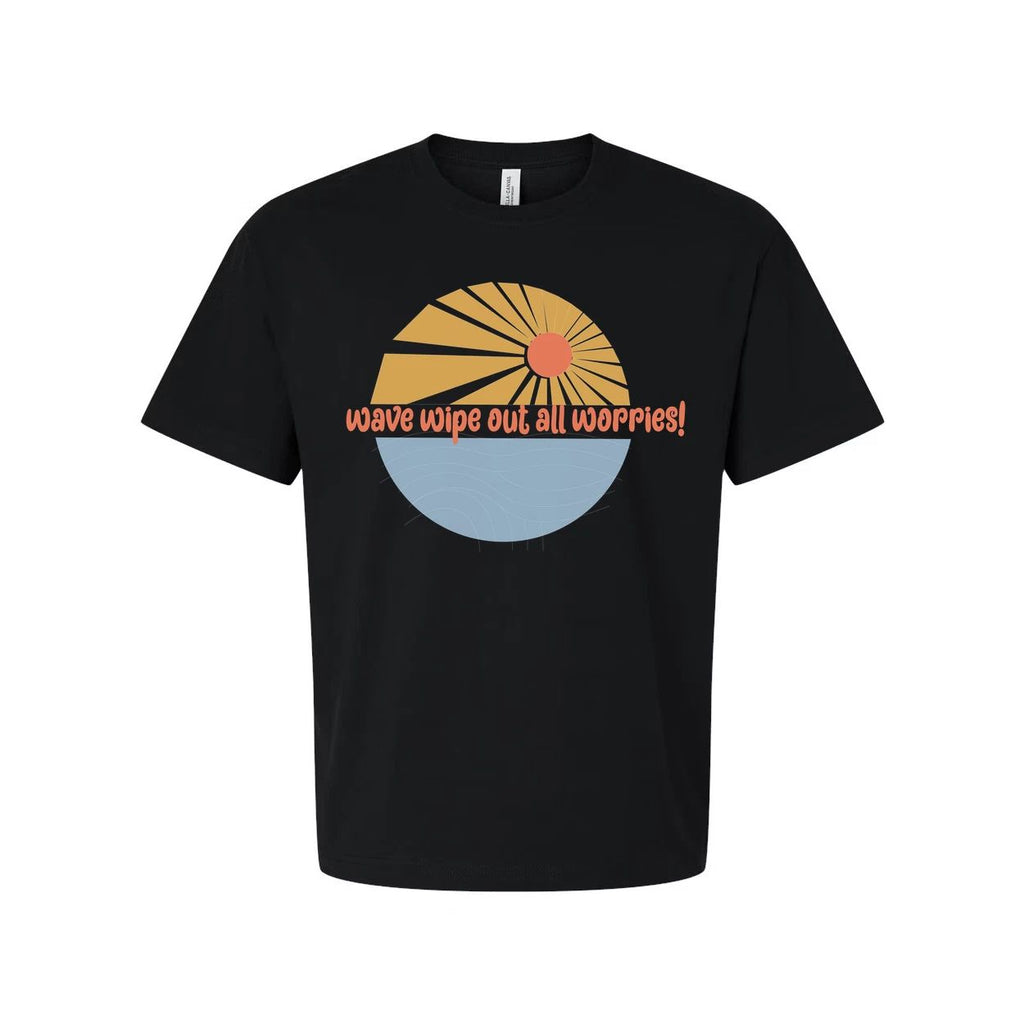 Unisex Surfing Graphic Tee With Sunrise Wave Design And Wipe Out All Worries Pri