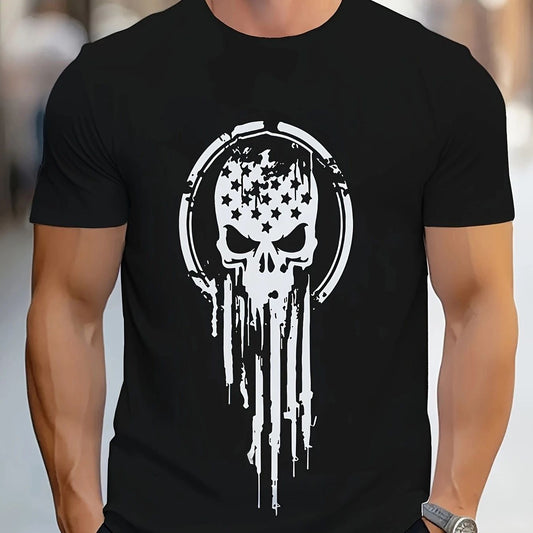 Men's Casual And Fashionable Geometric Skull Pattern T-shirt - Breathable Polyes