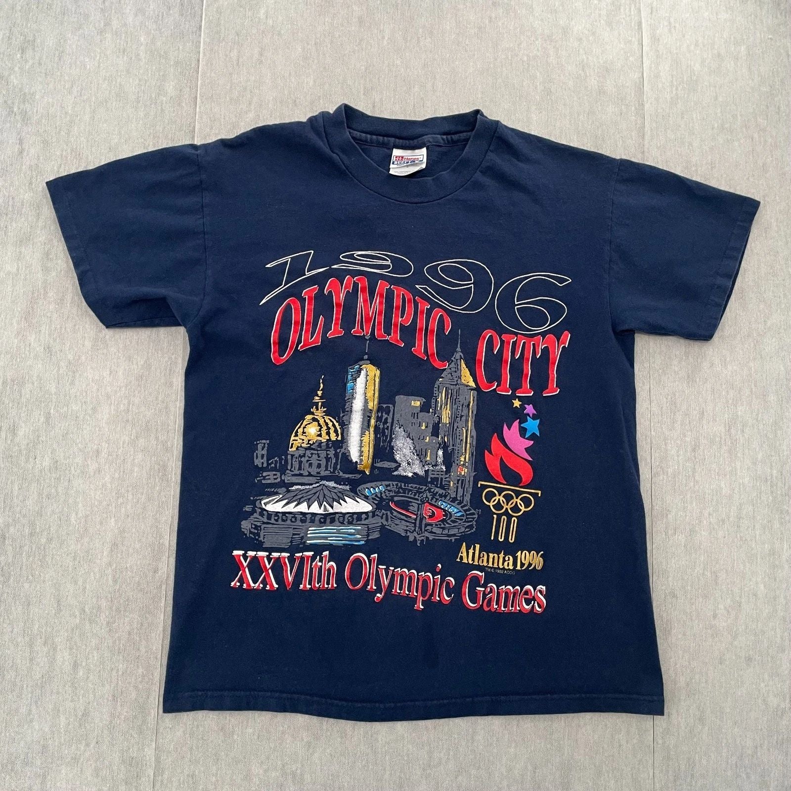 VINTAGE Atlanta Olympics Shirt Adult Medium Blue 1996 Olympic City Logo Mens 90s