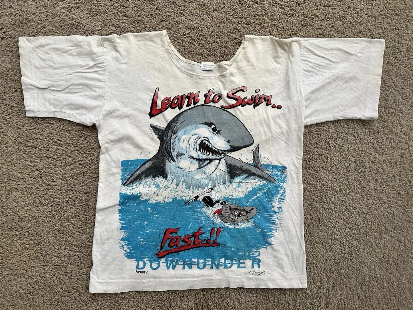Vintage Riptide White T-Shirt Shark Learn To Swim Fast Vabury Fashion Australia