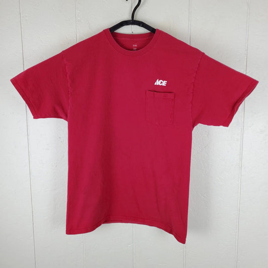 Ace Shirt Mens Large Red Graphic Logo Crew Neck Short Sleeve Stretch Pocket