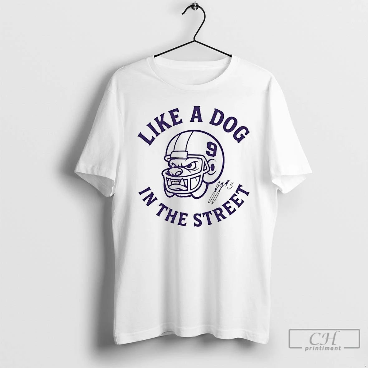 Premium J J Mccarthy Like A Dog In The Street Mascot Helmet Signature T Shirts