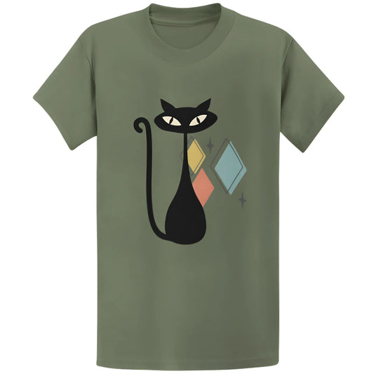 Gildan 5000 Mid Century Atomic Cat T-Shirt - Retro Vintage Cat Lover Gift Tee