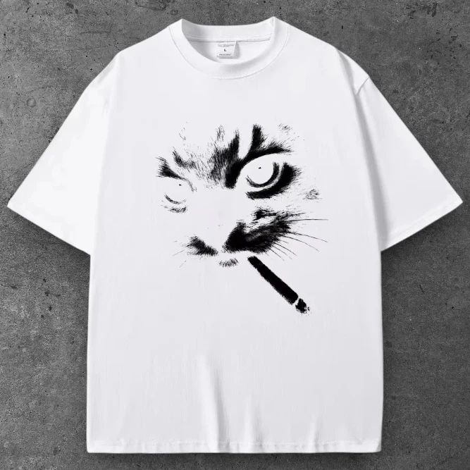 Unisex Cat Smoking Cigarette Oversized T Shirt White Y2K Casual Streetwear S-2XL