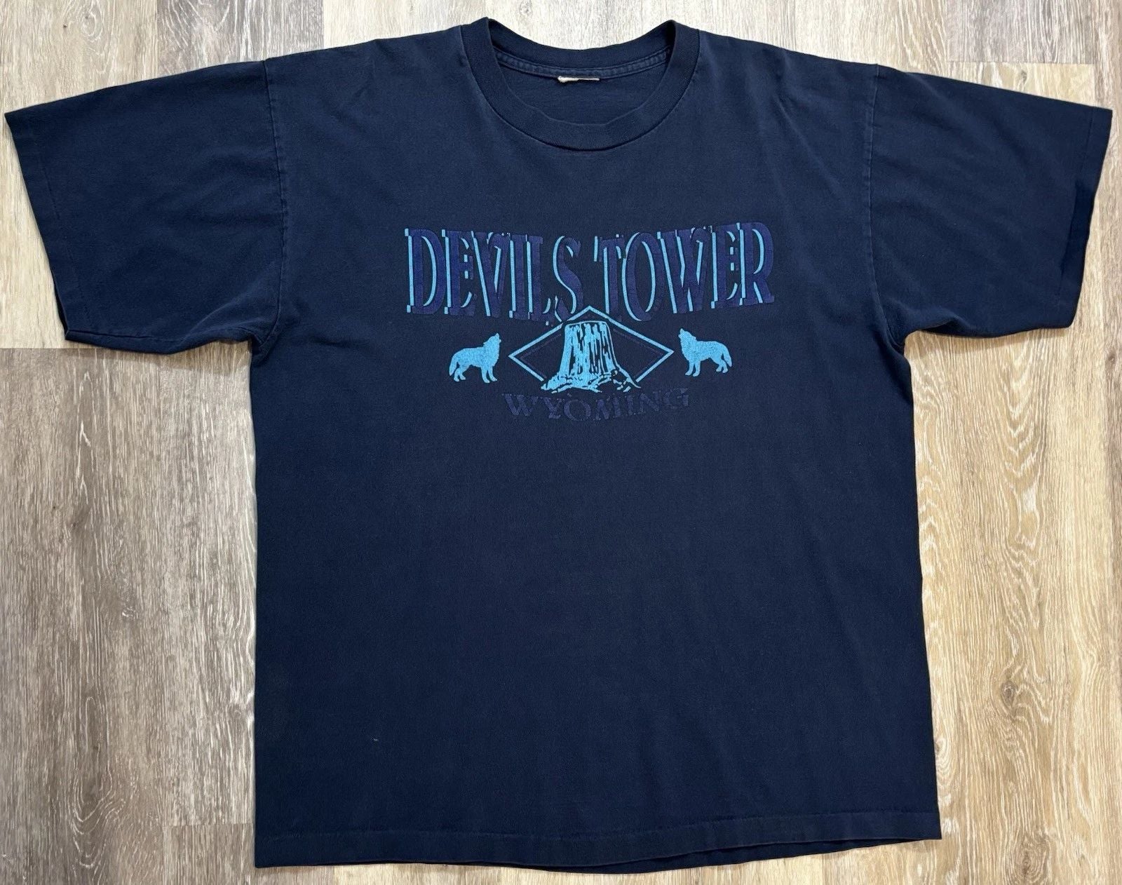 Vintage Devils Tower Wyoming Shirt Size 2XL Navy Blue Spell Out Monument