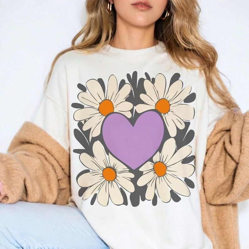Boho Floral Valentine T-Shirt, Soft Flowers and Heart Script Graphic Tee