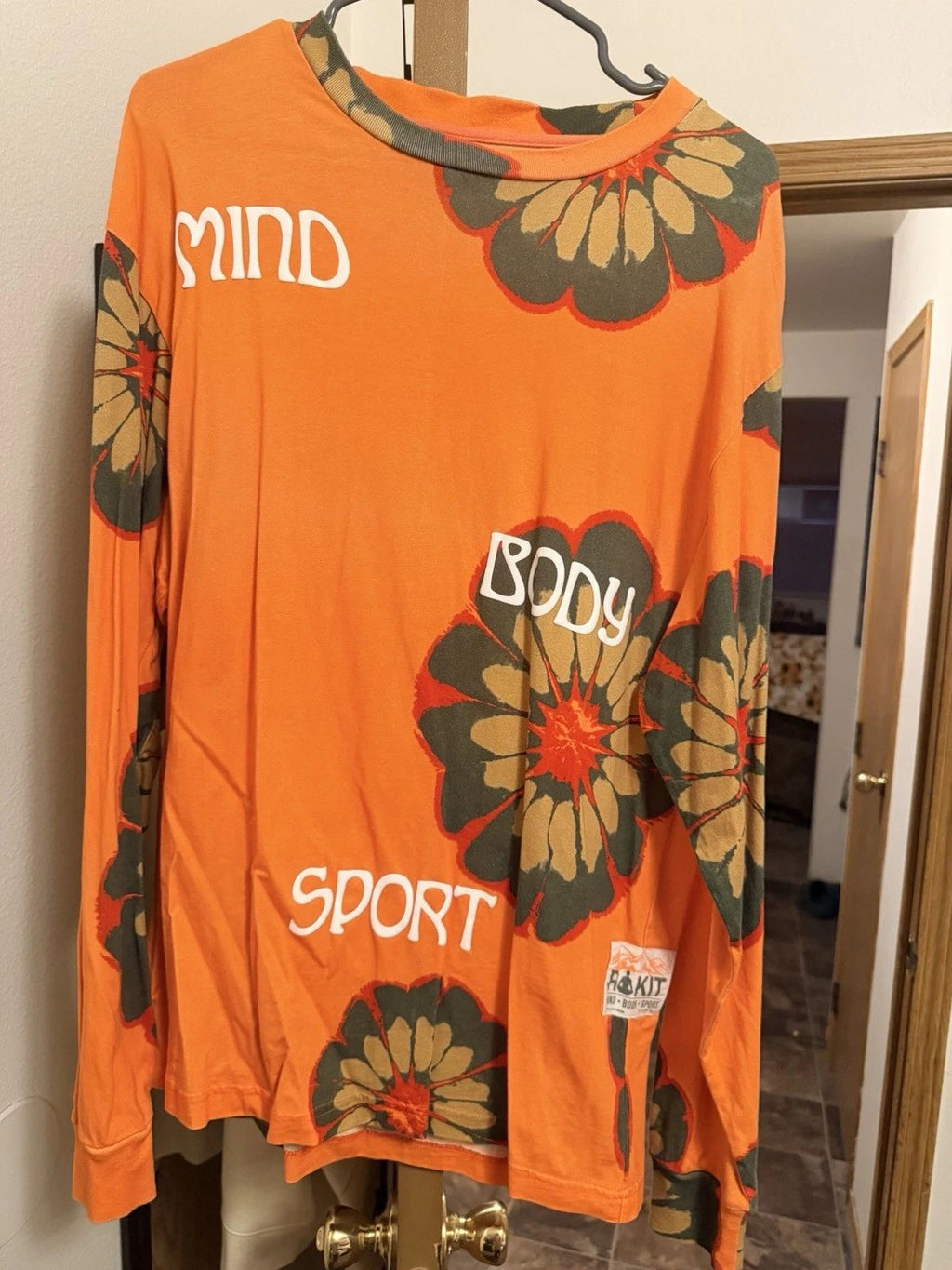 ROKIT Shirt Mens Large Orange Mind Body Sport Yoga Floral Long Sleeve