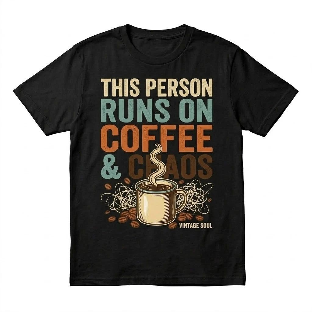 This Person Runs On Coffee & Chaos T-Shirt Funny Vintage Soul Graphic Tee Black