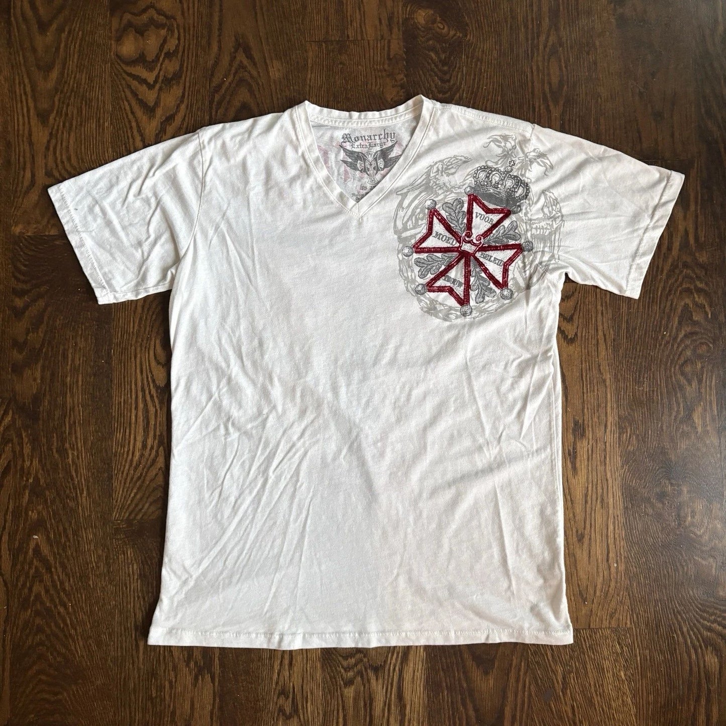 VTG Monarchy Shirt Mens XL White Red V-Neck Graphic Y2K Affliction Style Grunge