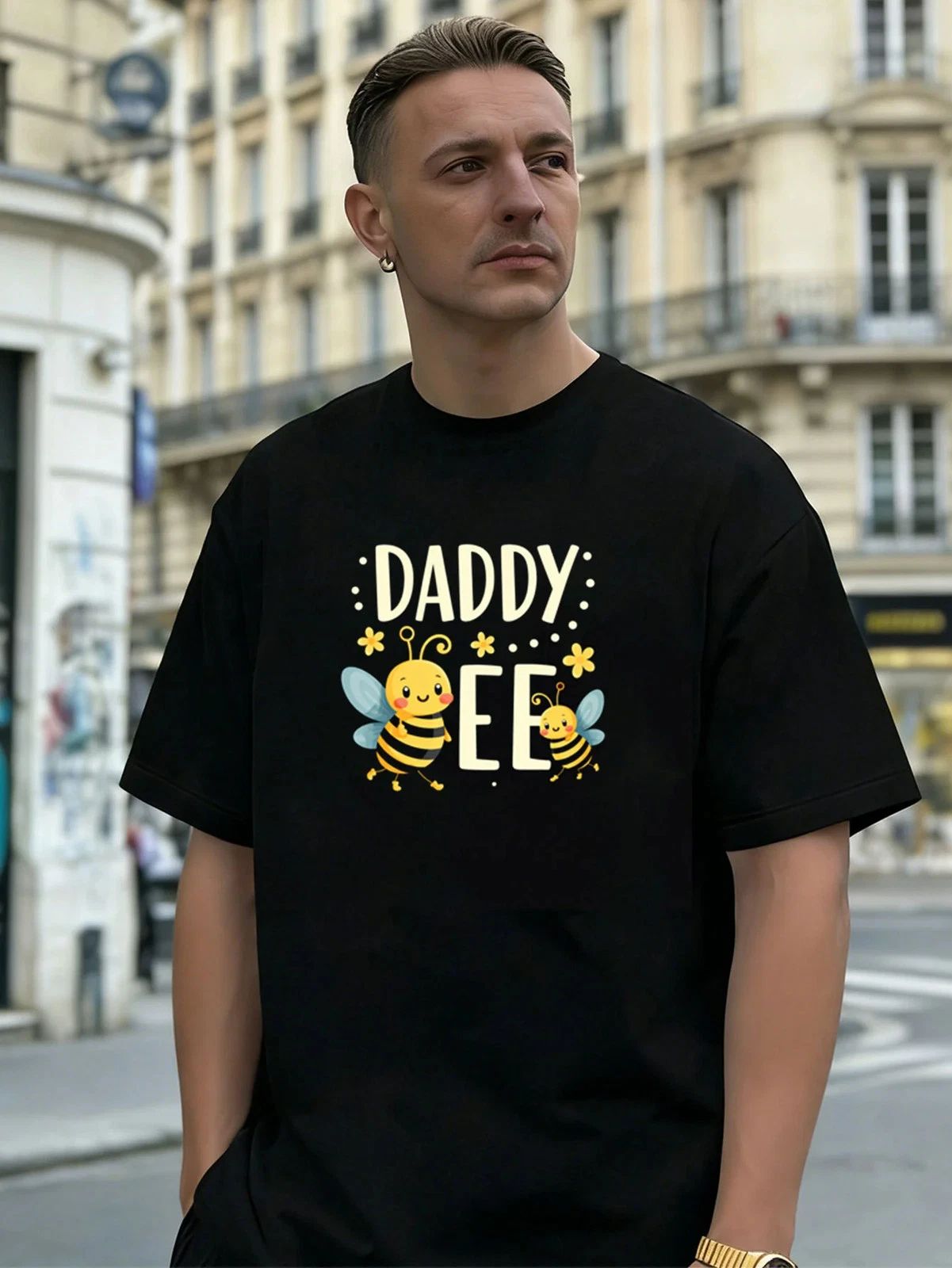 Cute Bee Daddy&Bee Graphic 100% Cotton Men's T-Shirt for Daily Casual Wear