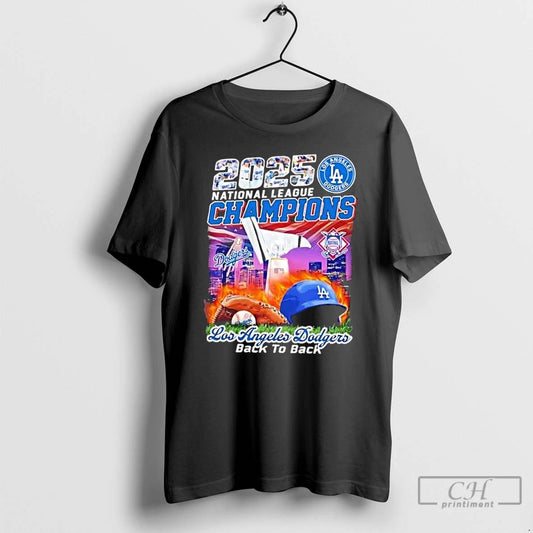 Classic 2025 Back To Back National League Los Angeles Dodgers Champions Skyline T Shirts