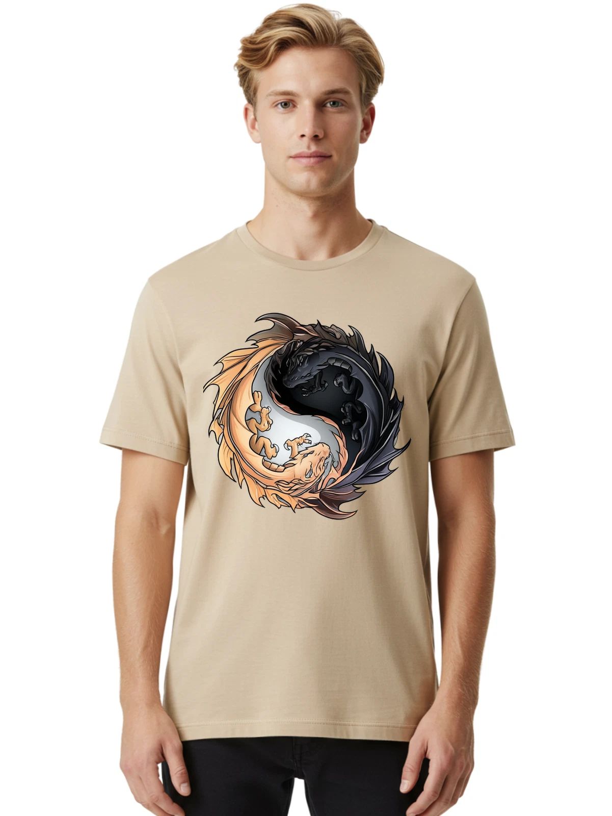 Yin-Yang-Dragons-2 Mens Graphic Tee, 100% Cotton, Casual Summer Wear