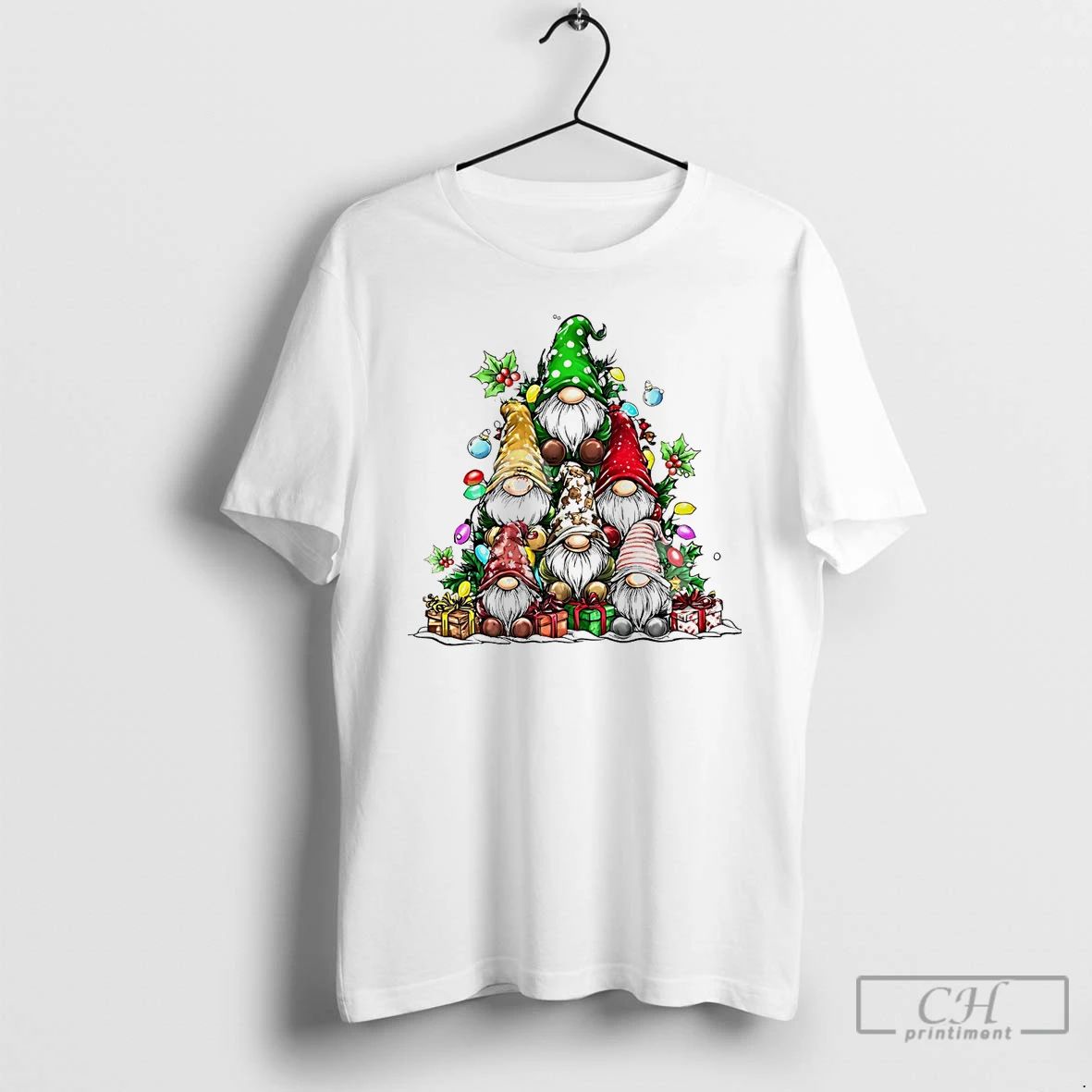 Classic Christmas Gnomes Tree Lights Gifts Holly Decoration White T Shirts
