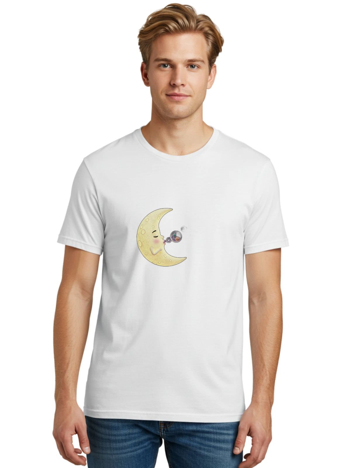 Crescent-Moon-Blowing-Bubbles Mens Graphic Tee, 100% Cotton, Casual Summer Wear