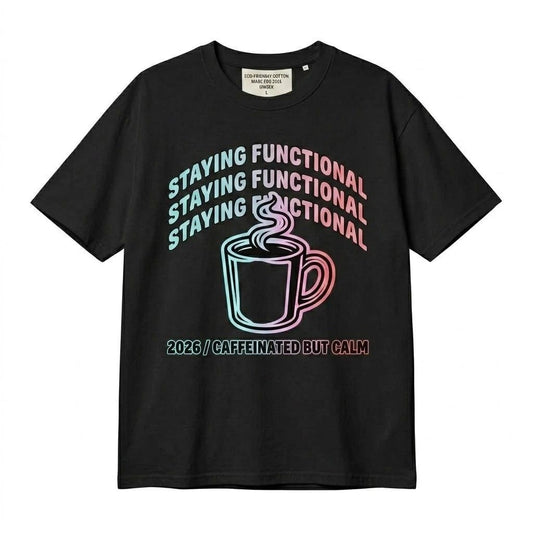 Funny Coffee Shirt Caffeinated But Calm Staying Functional Retro Aesthetic Tee