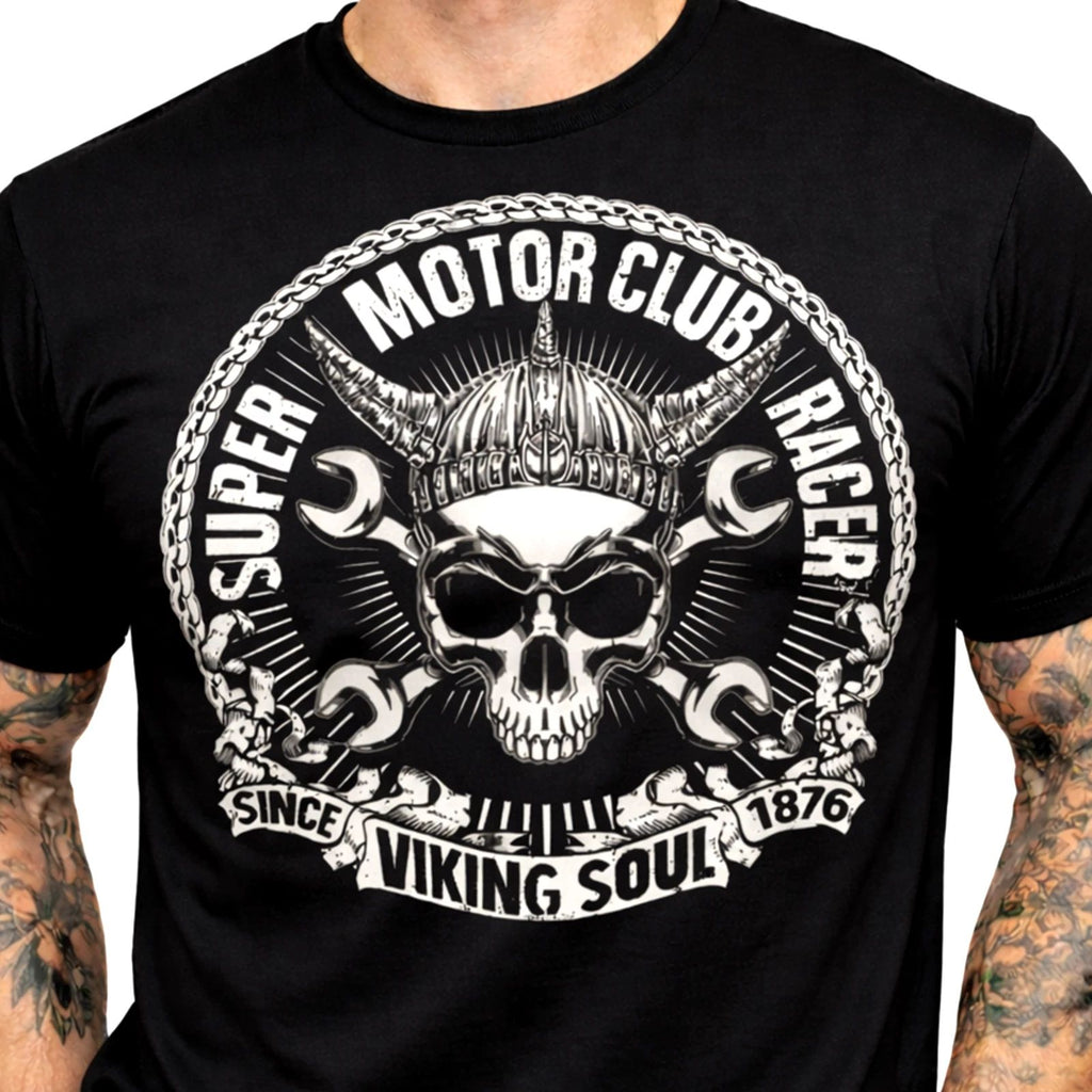Viking Skull T Shirt Biker Motor Club Racer Soul Wrench Graphic Tee Rider Gift