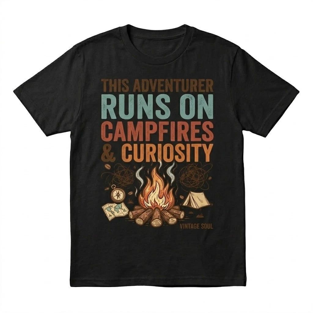 This Adventurer Runs On Campfires & Curiosity T-Shirt Vintage Camping Hiking Tee