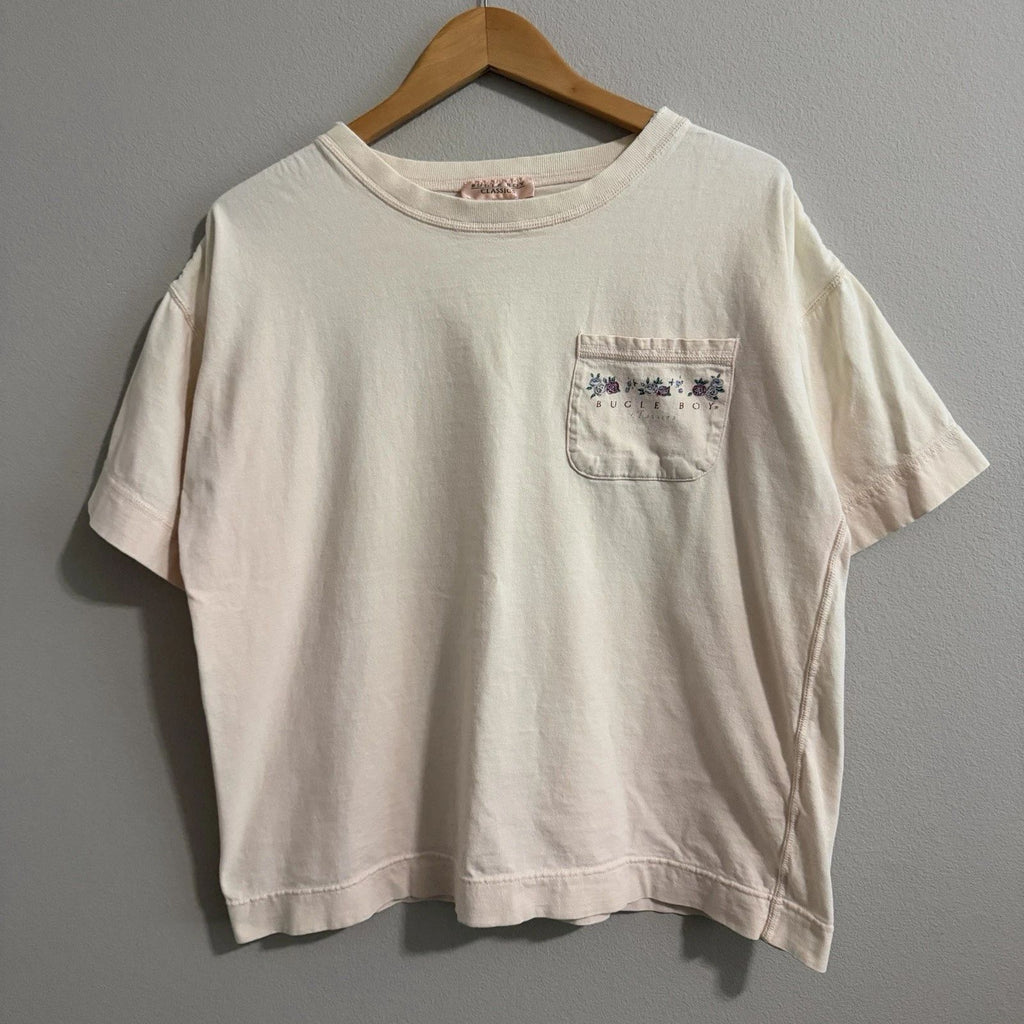 Boxy Vintage 90s Peach / Cream Bugle Boy Pocket Tee Shirt Size L Skate Surf USA