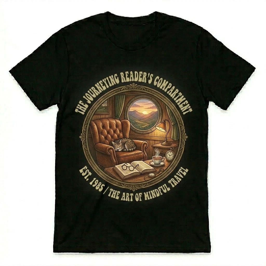 The Journeying Reader's Compartment T-Shirt Vintage Cat Book Lover Travel Tee 19