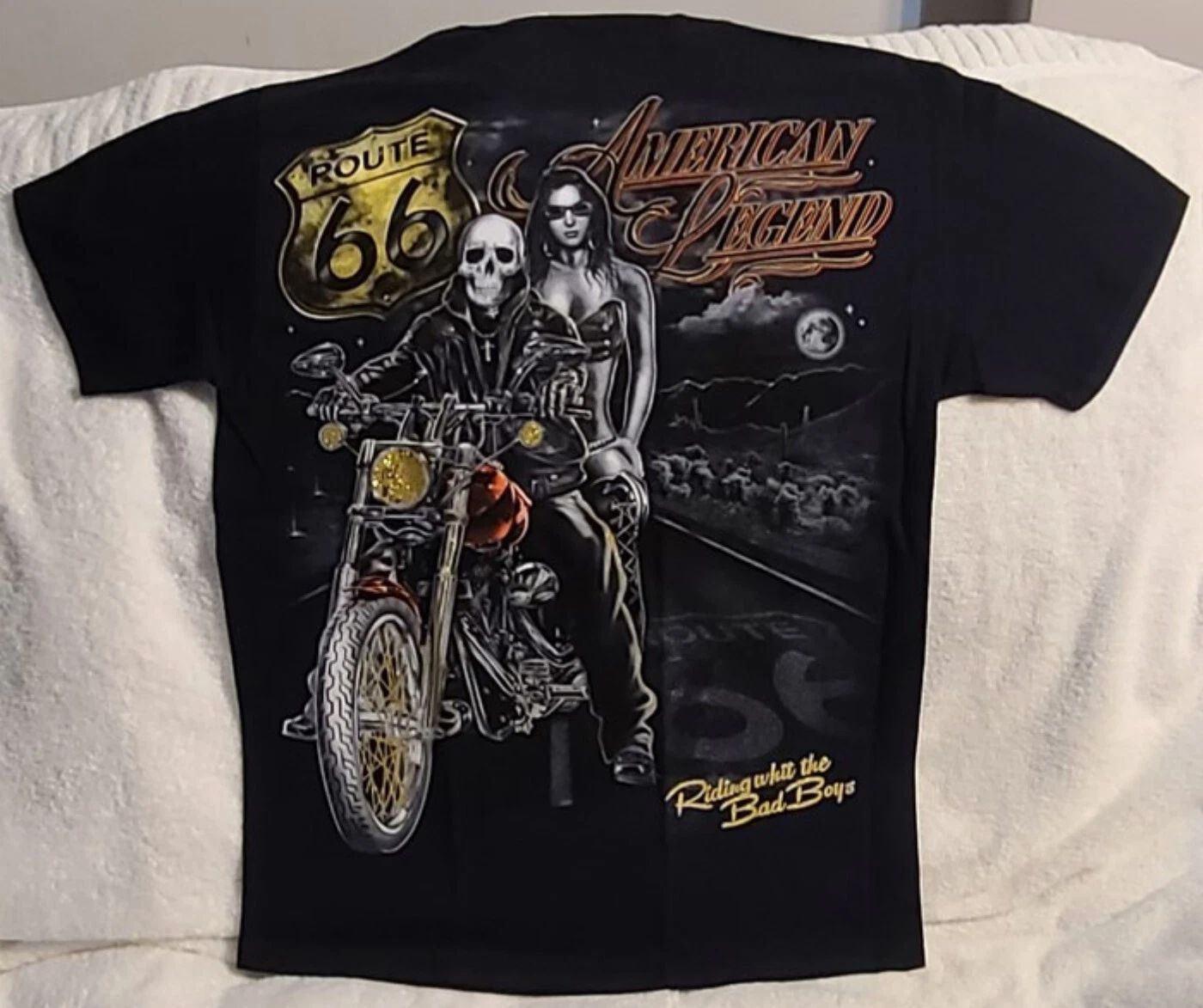 SKELETON SEXY WOMAN MOTORCYCLE BIKER AMERICAN LEGEND ROUTE 66 MOON T-SHIRT SHIRT