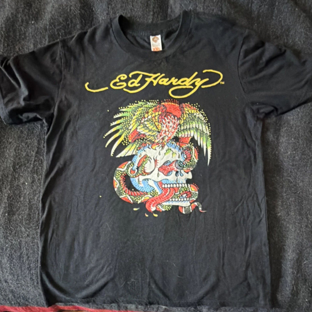 Ed Hardy Men's XXL Black Graphic Print Tattoo Crew Neck Cotton T-Shirt RN#114182