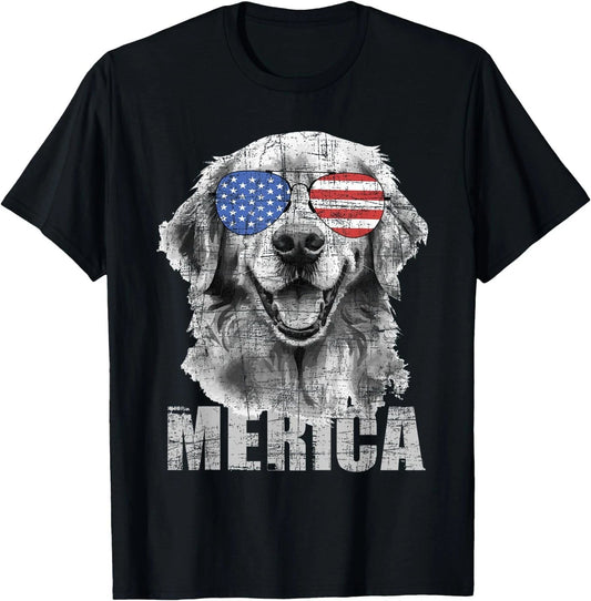 Merica - Patriotic American Flag Golden Retriever Dog Lover T-Shirt,  Unisex Tee