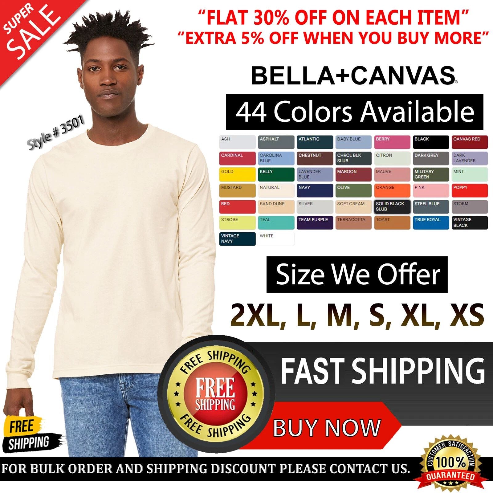Bella + Canvas Unisex Cotton Jersey Tee Long-Sleeve T Shirt XS-2XL - 3501