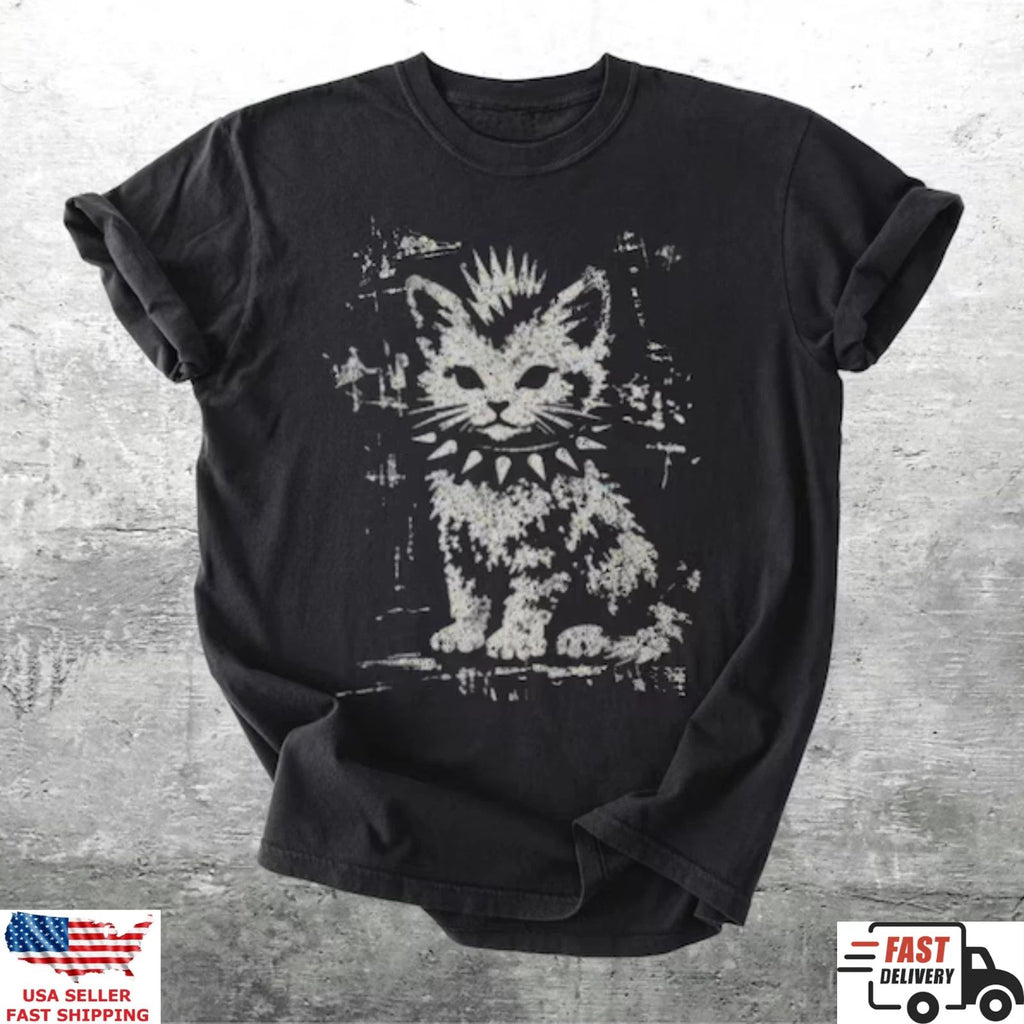Grunge Punk Cat Graphic T Shirt Vintage Aesthetic Streetwear Tee Gift Idea