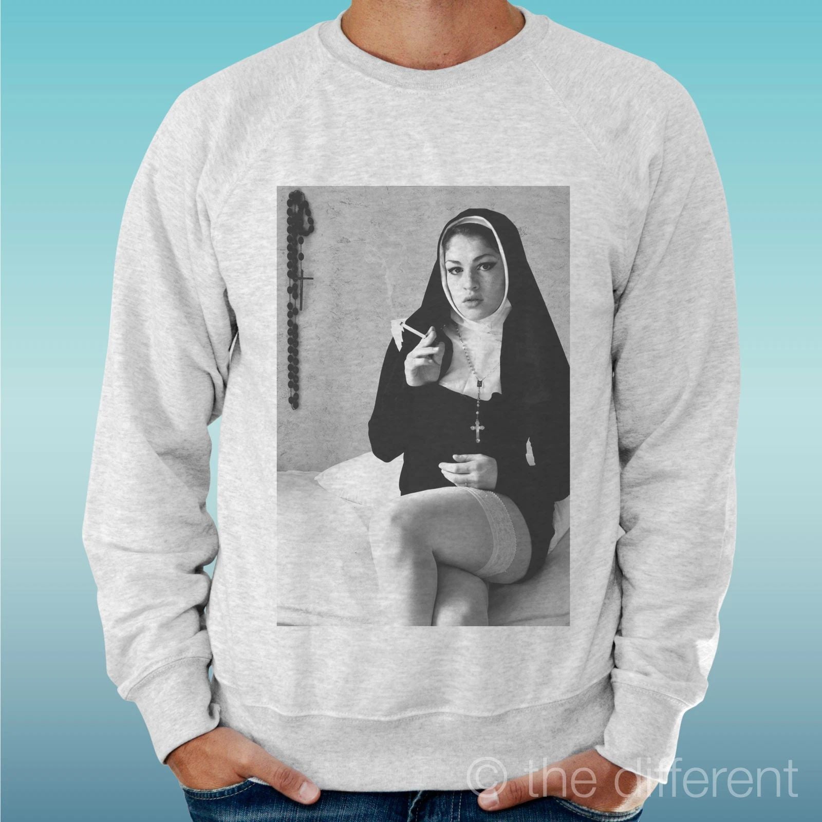 Felpa Man Light Sweater Light Grey " Sexy Nun Hot "