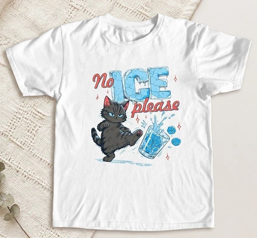 No Ice Please Funny Black Cat Graphic T-Shirt Cute Kawaii White Tee |090426N08