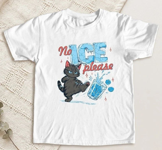 No Ice Please Funny Black Cat Graphic T-Shirt Cute Kawaii White Tee |090426N08