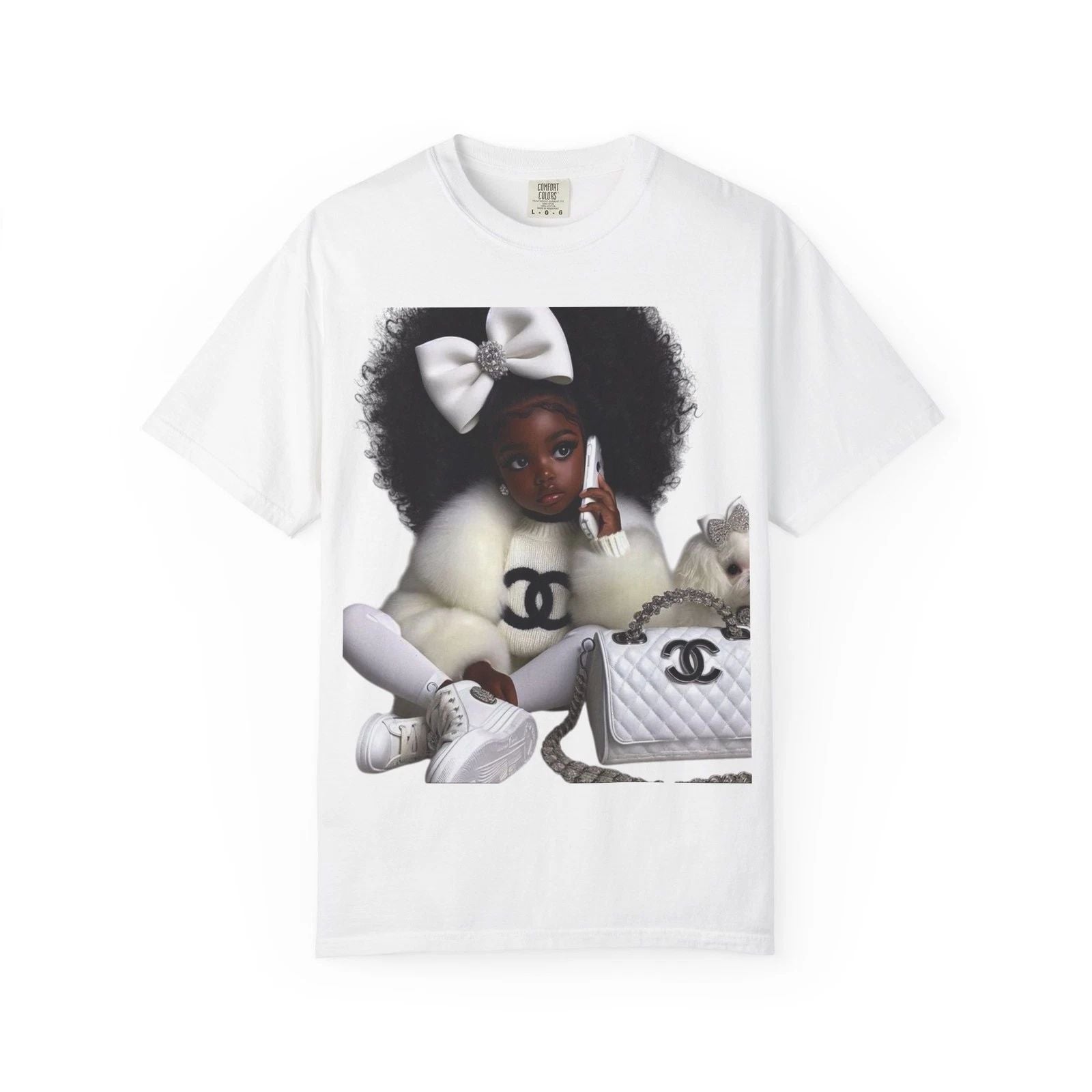 Stylish Black Doll with Chanel Bag T-Shirt | Cute Girl Graphic Tee