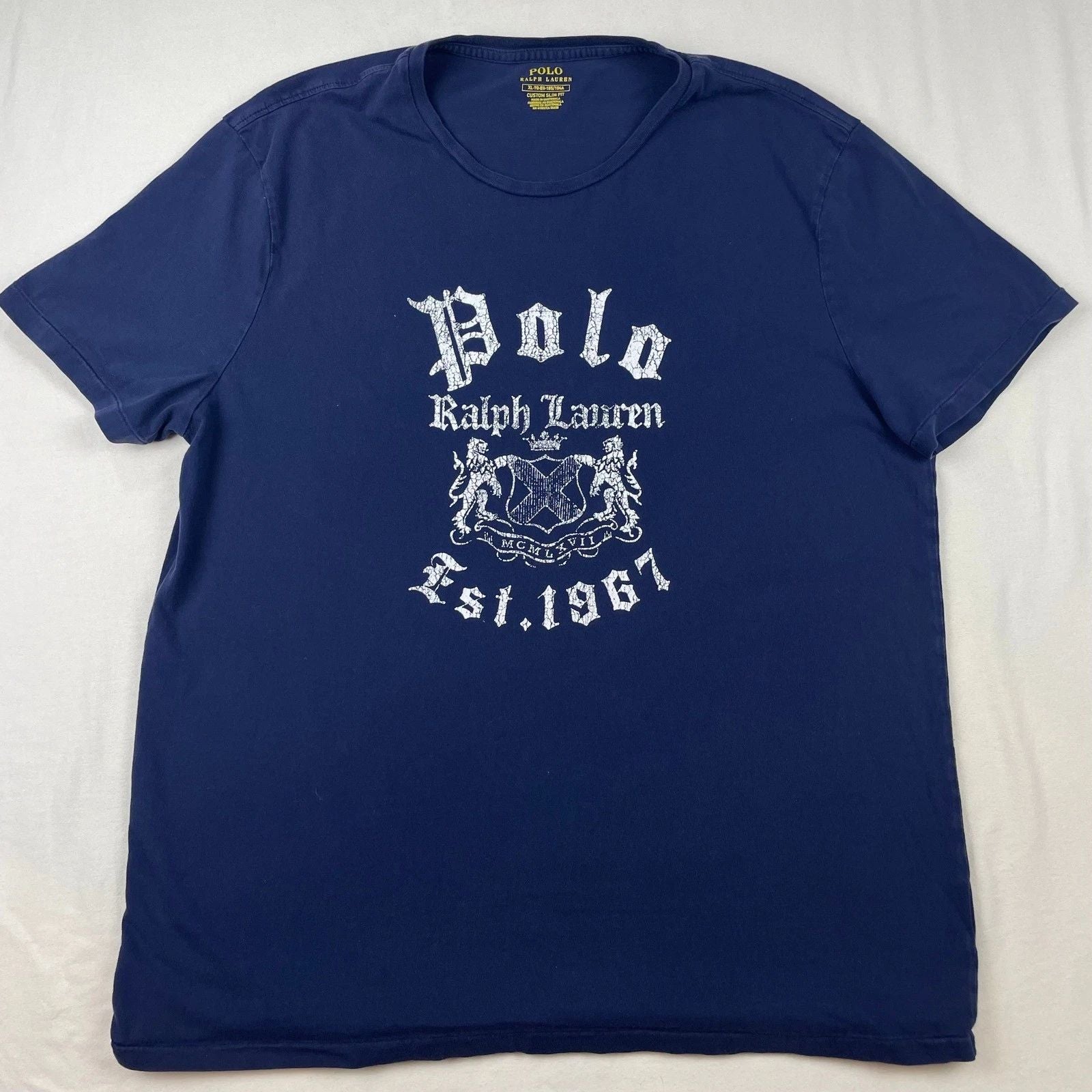 Polo Ralph Lauren Men XL Custom Slim Fit Graphic T-Shirt Navy Blue Est 1967