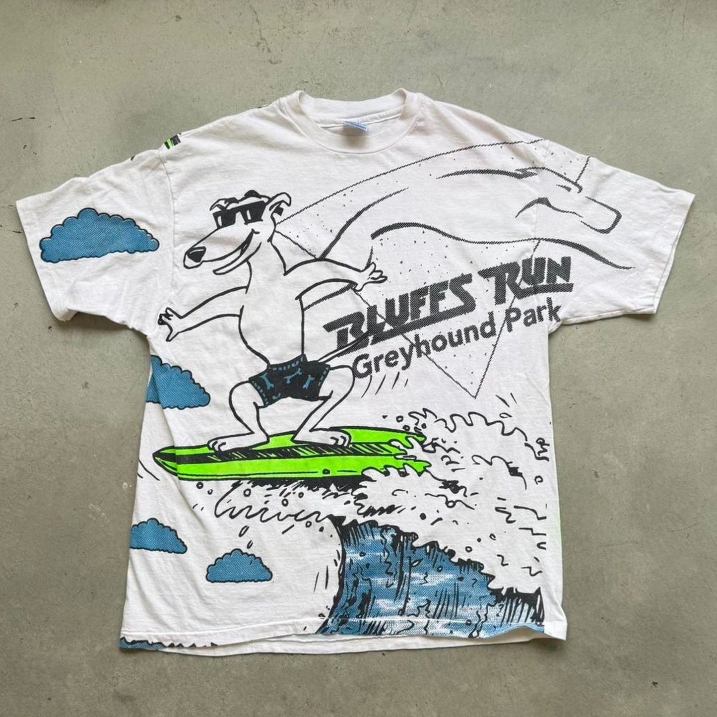 Vintage 90s Bluffs Run Greyhound Park Surfing AOP T-Shirt