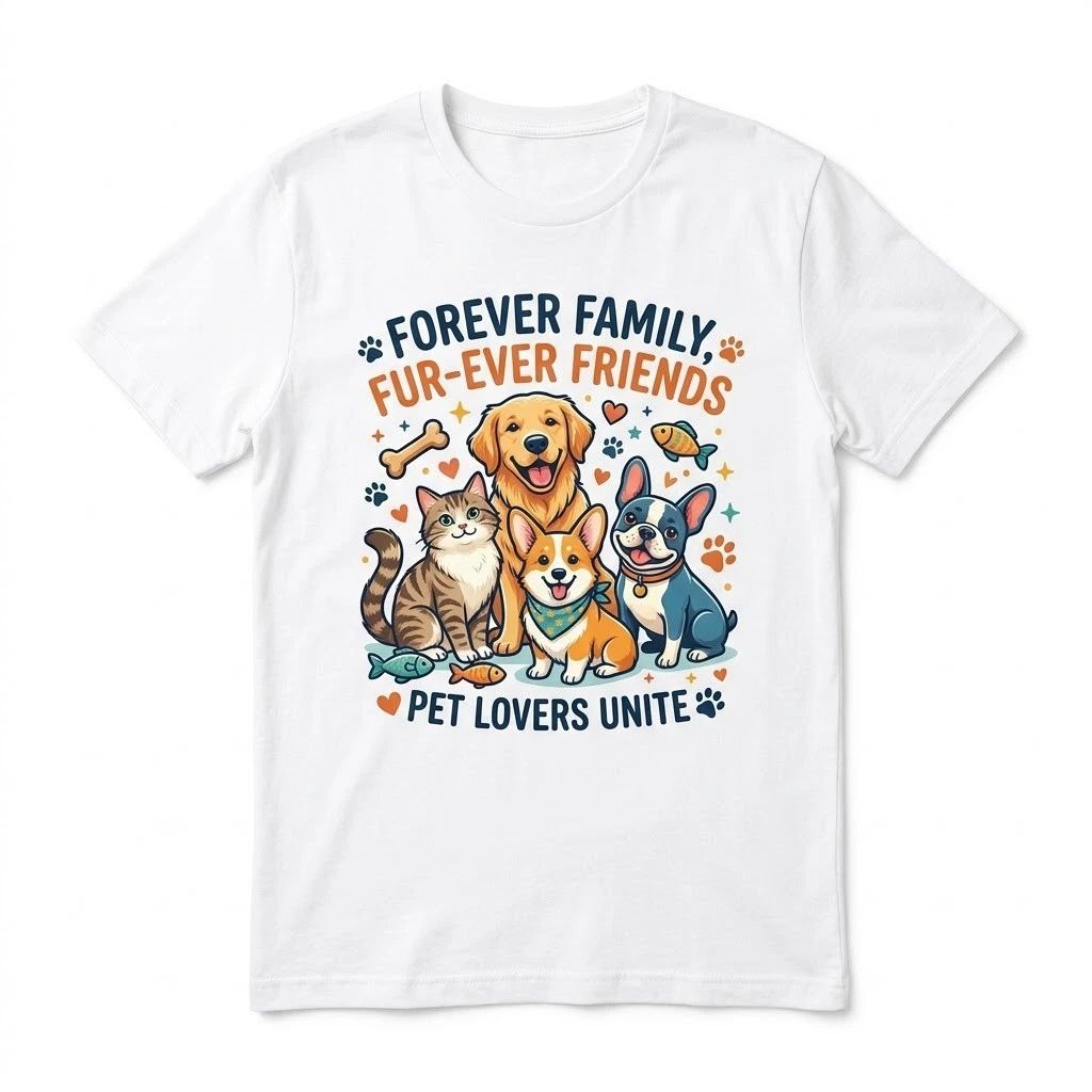 Forever Family Fur-Ever Friends T-Shirt Pet Lovers Unite Dog Cat Unisex Black Te
