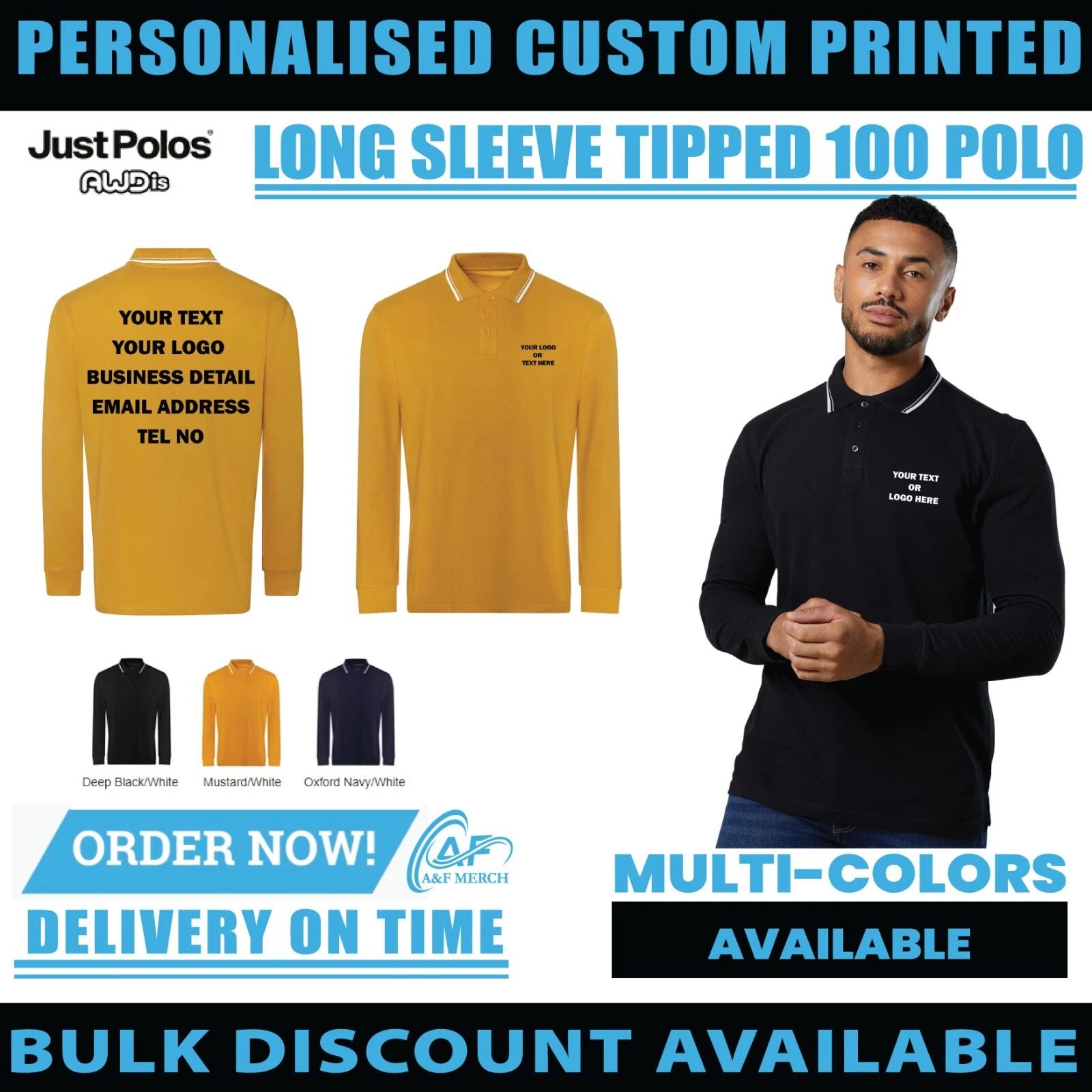 Personalised Custom Just Polos Awdis Long Sleeve Tipped 100 Polo Casual JP103
