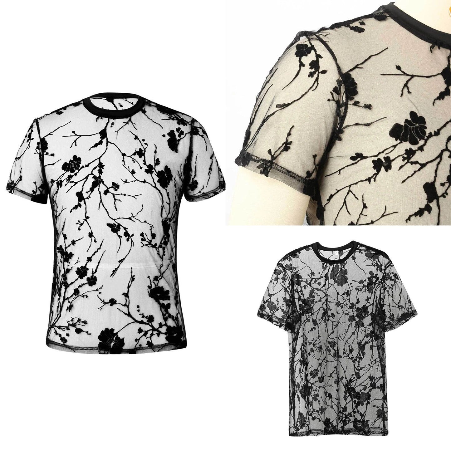 Mens Mesh Blouse Classic Sheer T-Shirt Modern Floral Top Tulle