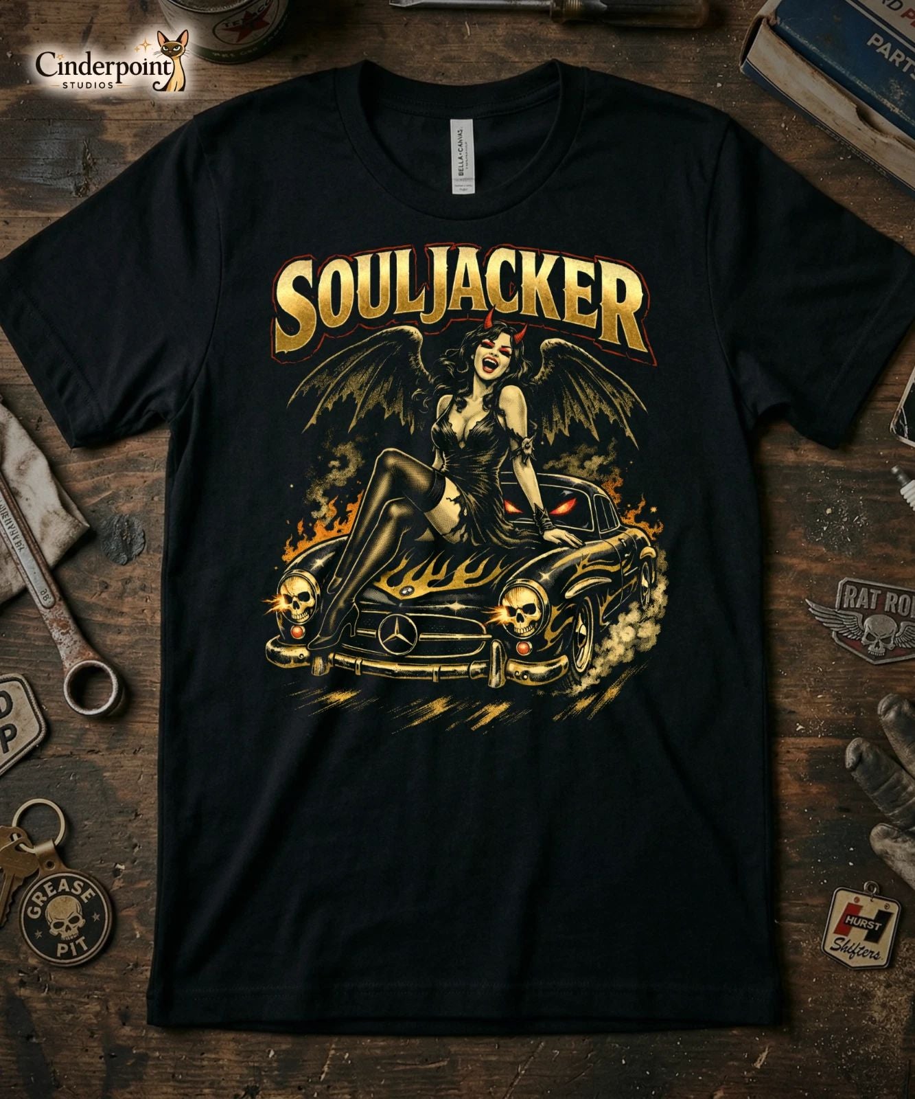 SOULJACKER T-Shirt Demon Pinup Girl on a 1955 Mercedes-Benz 300SL Tee XS-5X