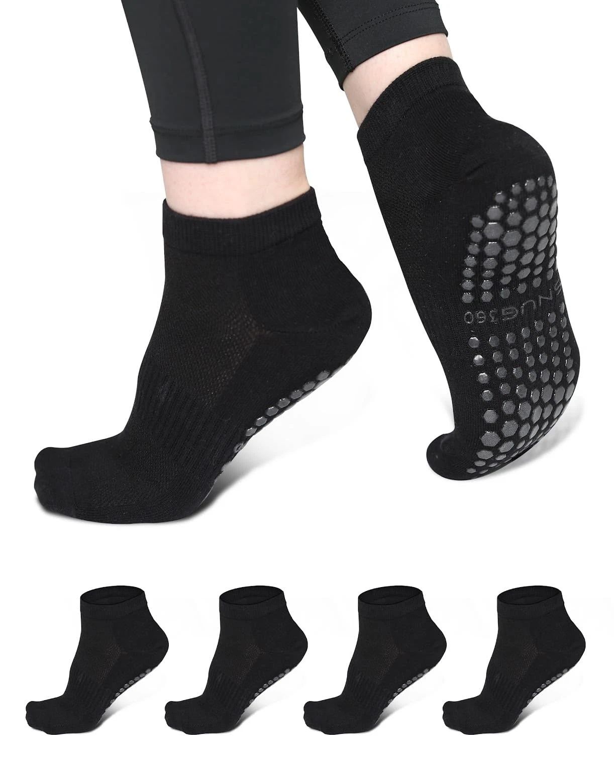 Pilates Socks with Grips for Women – 4 Pairs Non-Slip Ankle Socks with Silico...