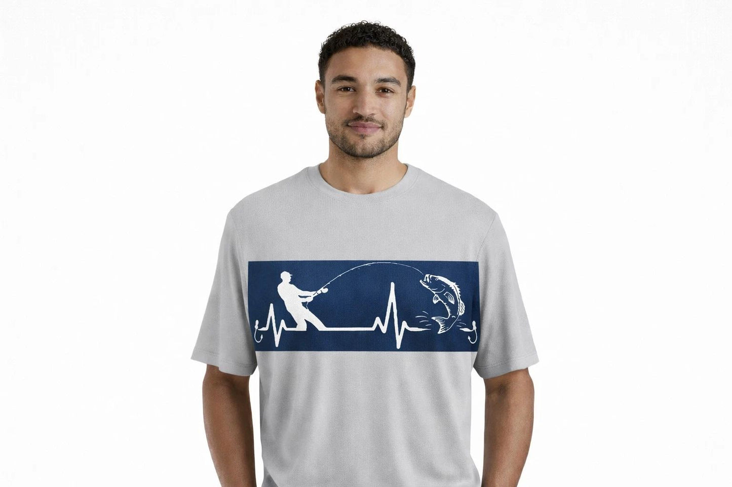 Fishing Heartbeat Graphic T-Shirt Light Grey Mens M, L, XL Casual Streetwear