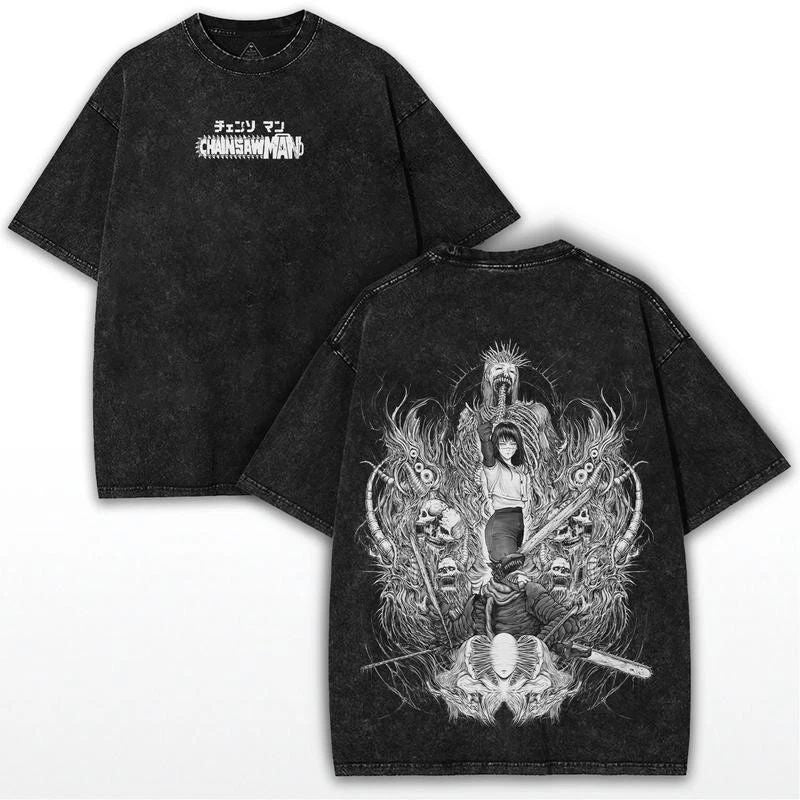 Yoru x Chainsaw Man Washed T-Shirt, War Devil Vintage Anime Graphic Heavy Cotton