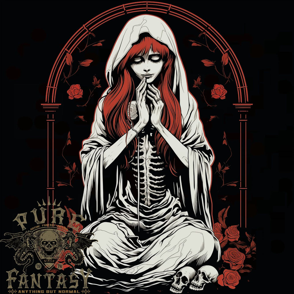 Fantasy Anime Girl Praying With Skulls & Roses Mens T-Shirt 100% Cotton