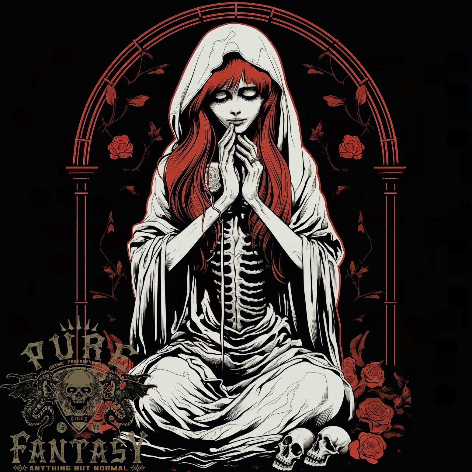 Fantasy Anime Girl Praying With Skulls & Roses Mens T-Shirt 100% Cotton